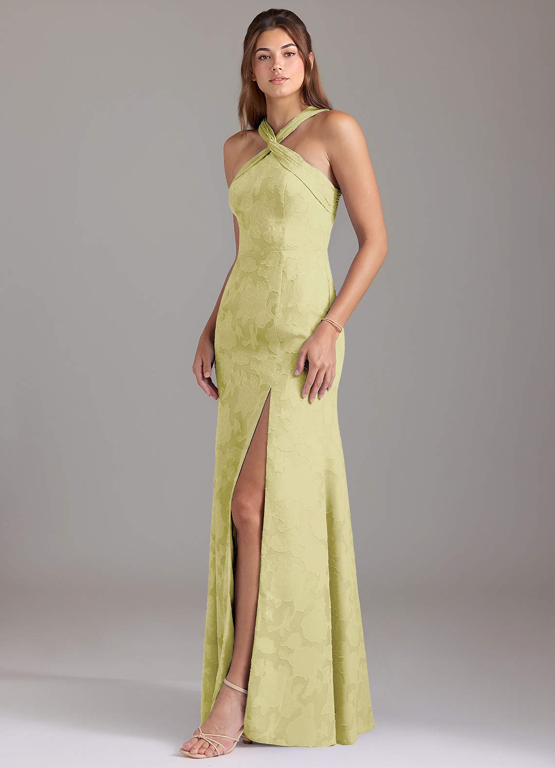 Azazie A-Line Halter Neck Floor-Length Floral Burnout Bridesmaid Dresses - Lemon Sorbet