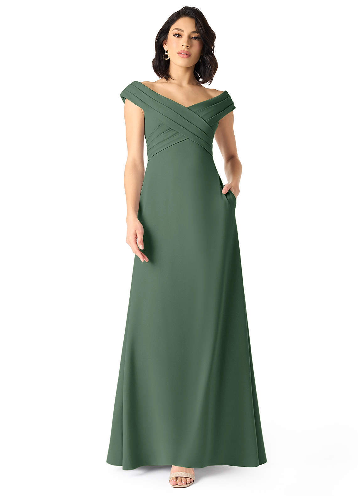 Azazie Evita Brautjungfernkleider A-Linie Schulterfrei Stretch-Krepp Kleid Eukalyptus image1