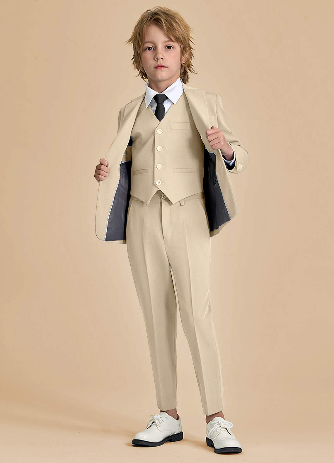 front Oliver Tan Boys 5-Piece Suit with Pre-tie