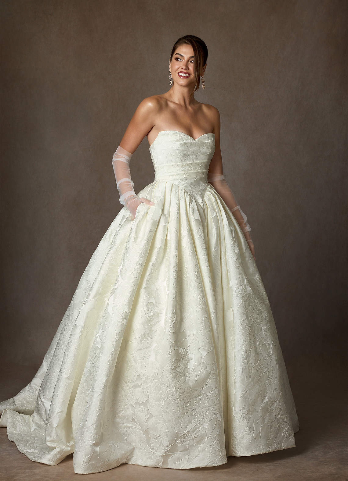 Azazie Celestia Wedding Dresses Antique White Ball-Gown Strapless Floral Jacquard Dress image4