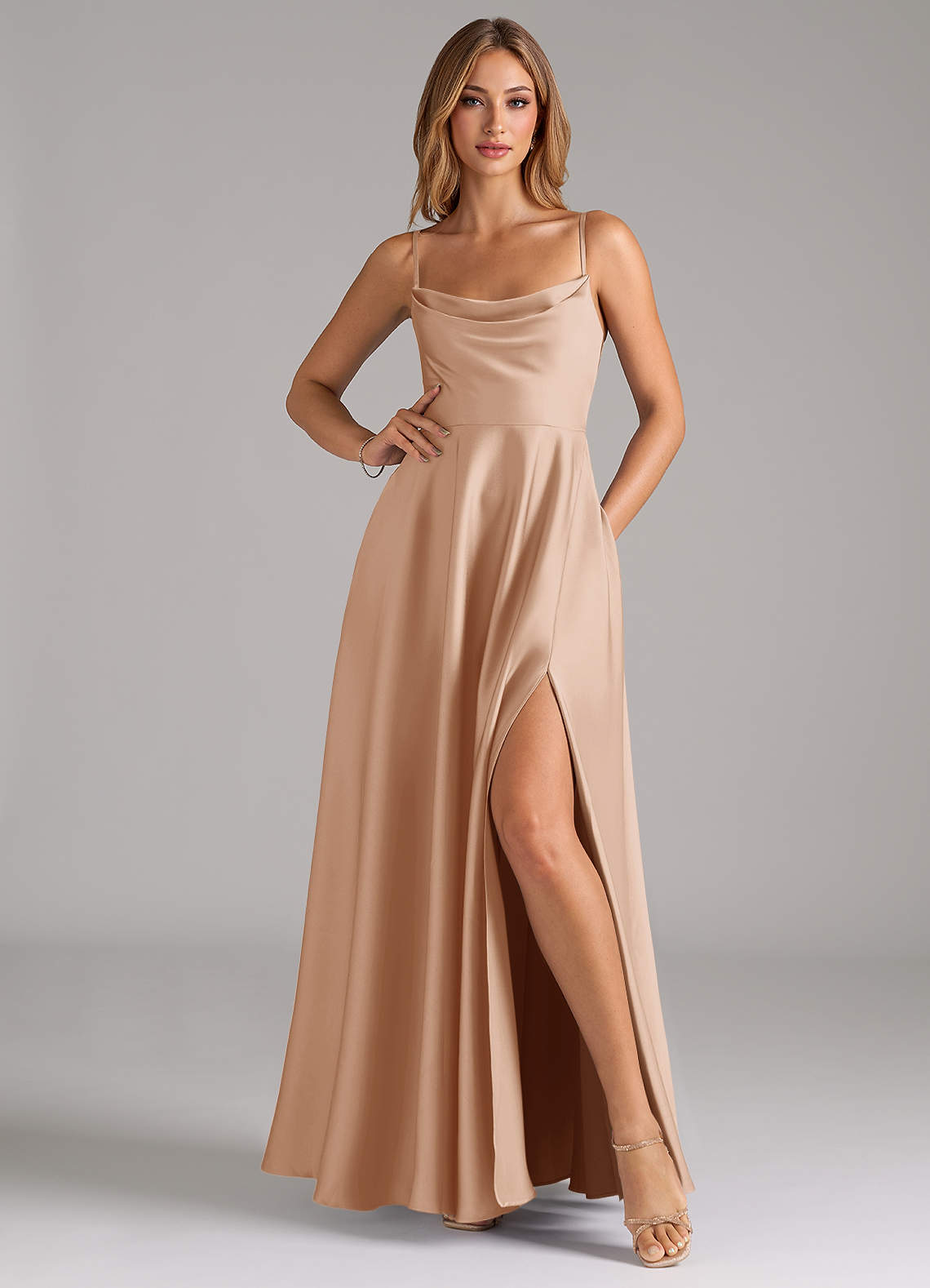 Azazie Elle Bridesmaid Dresses English Rose A-Line Pleated Stretch Satin Dress image2