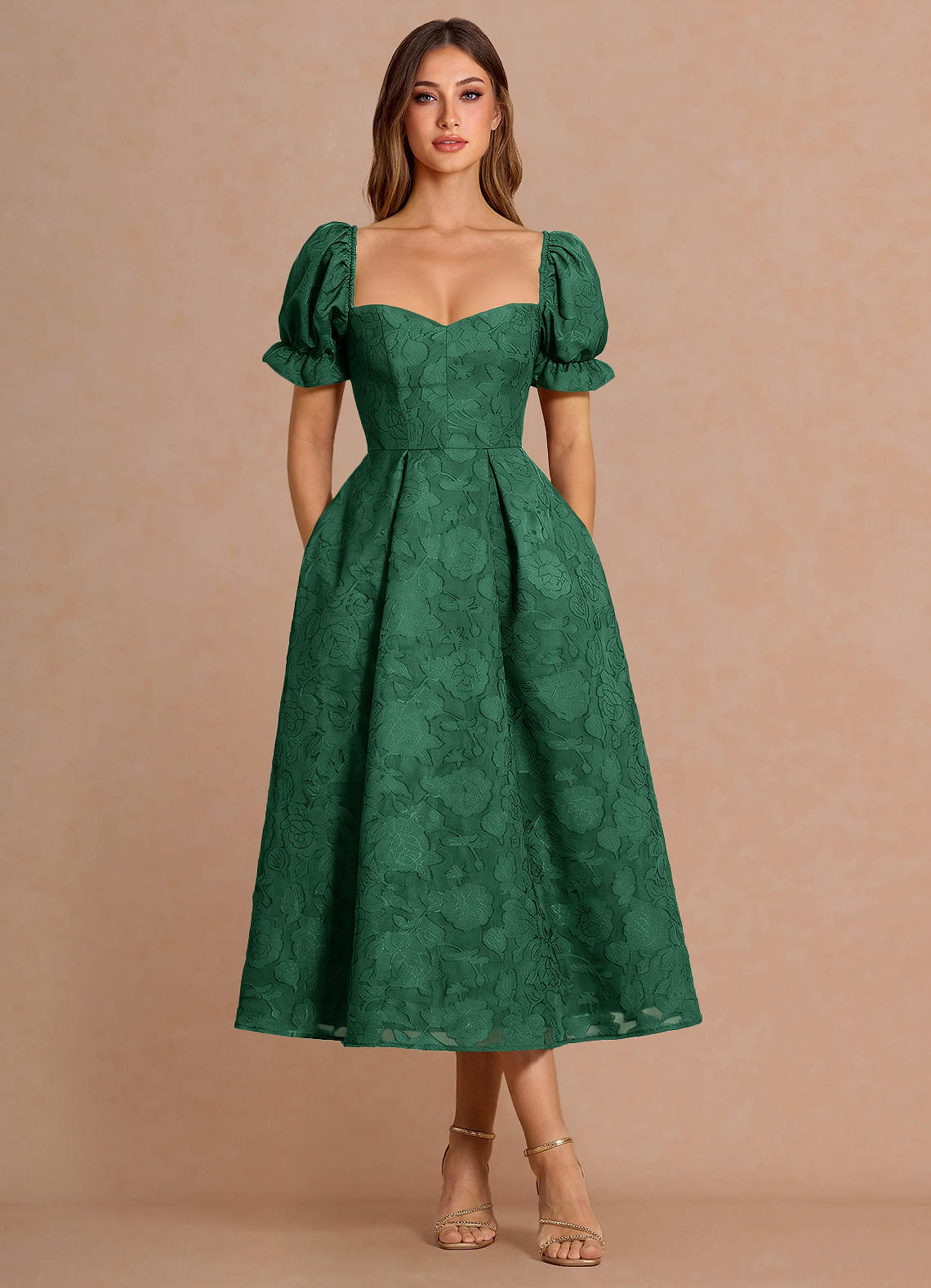 green midi dress with sleeves Satin V Neck A-Line 7% Spandex Lulus | Green Puff Sleeve