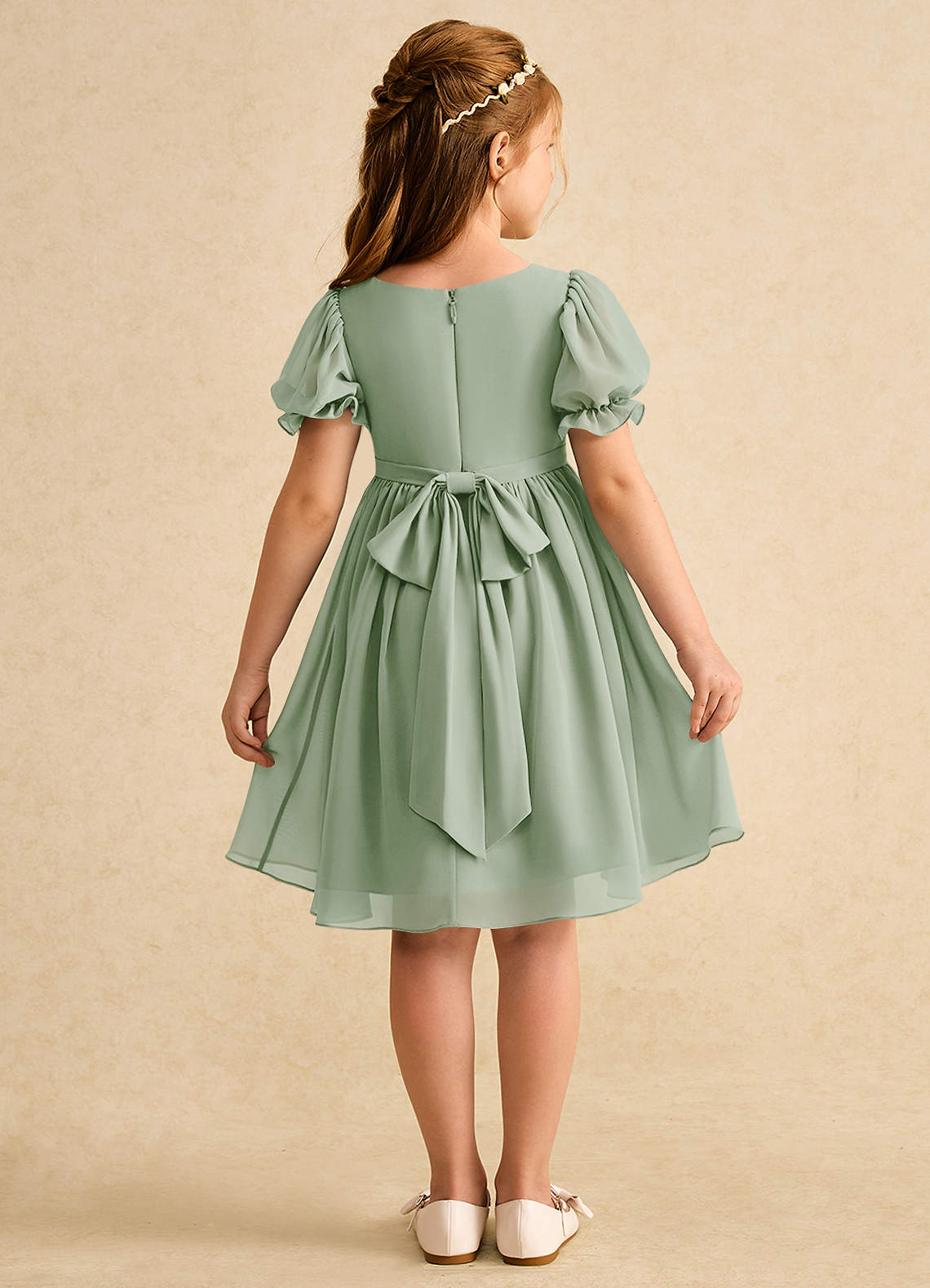 Azazie Jolie Flower Girl Dresses Dusty Sage A-Line with Sleeves Chiffon Dress image1