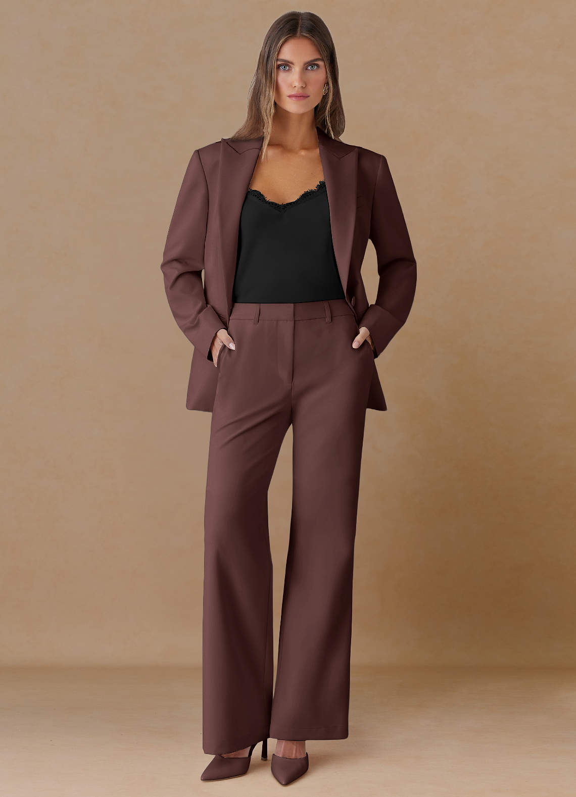 front Marina Espresso Refined Weave Straight-Leg Pants