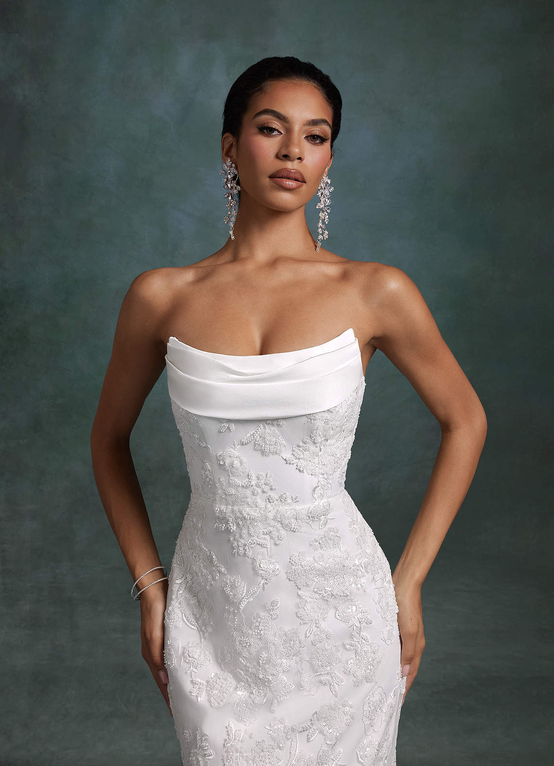 Azazie Frankie Wedding Dresses Diamond White Fit and Flare Strapless Embroidered Sequin Dress image4