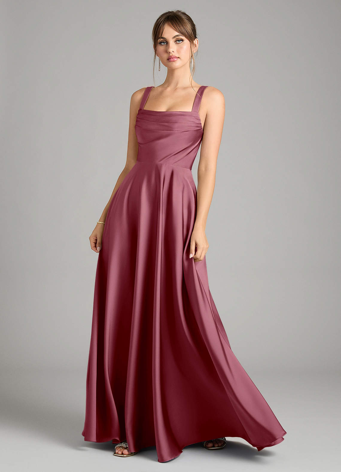 Azazie Shaude Bridesmaid Dresses Desert Rose A-Line Pleated Stretch Satin Dress image1