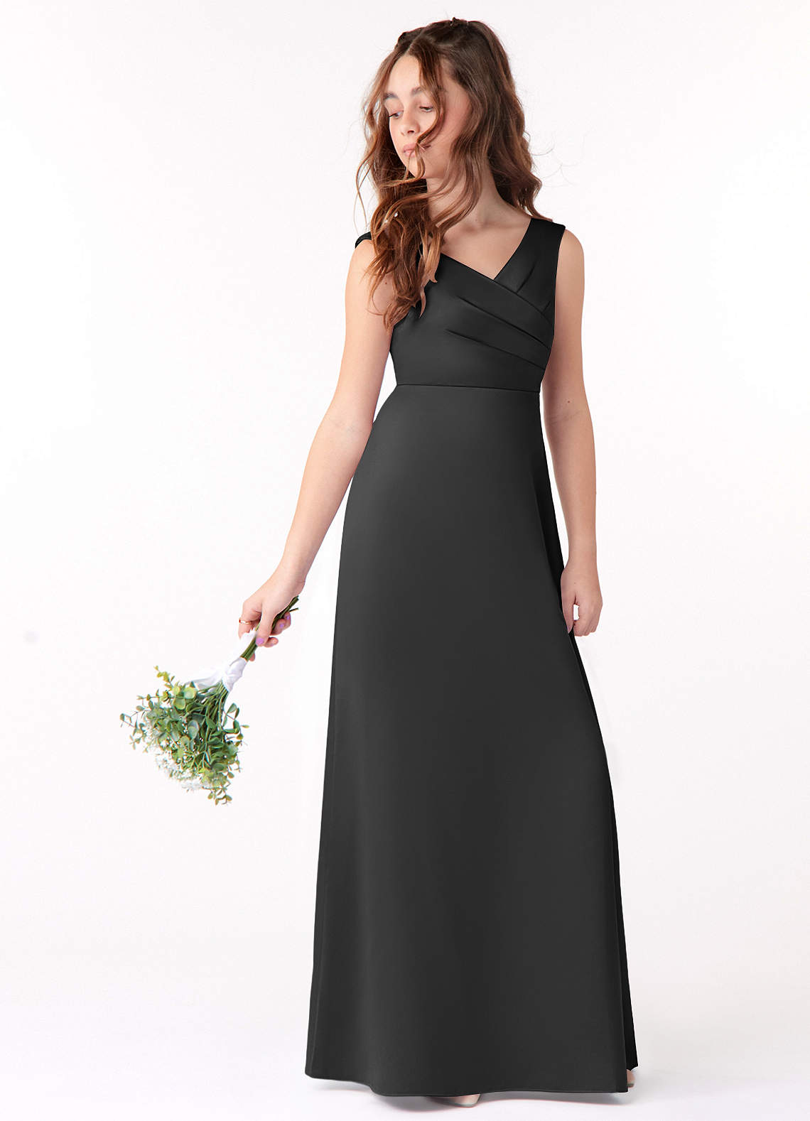 Azazie Sadia Junior Black A-Line Pleated Stretch Satin Dress image1