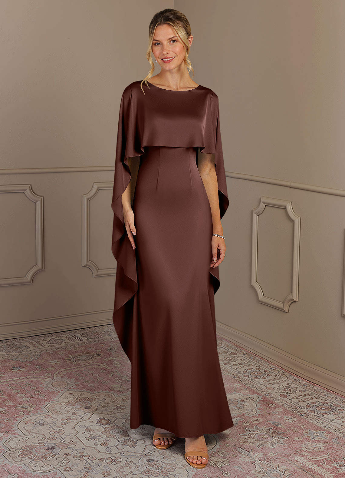 Azazie Eli Mother of the Bride Dresses Espresso Sheath Boatneck Stretch Satin Dress image1