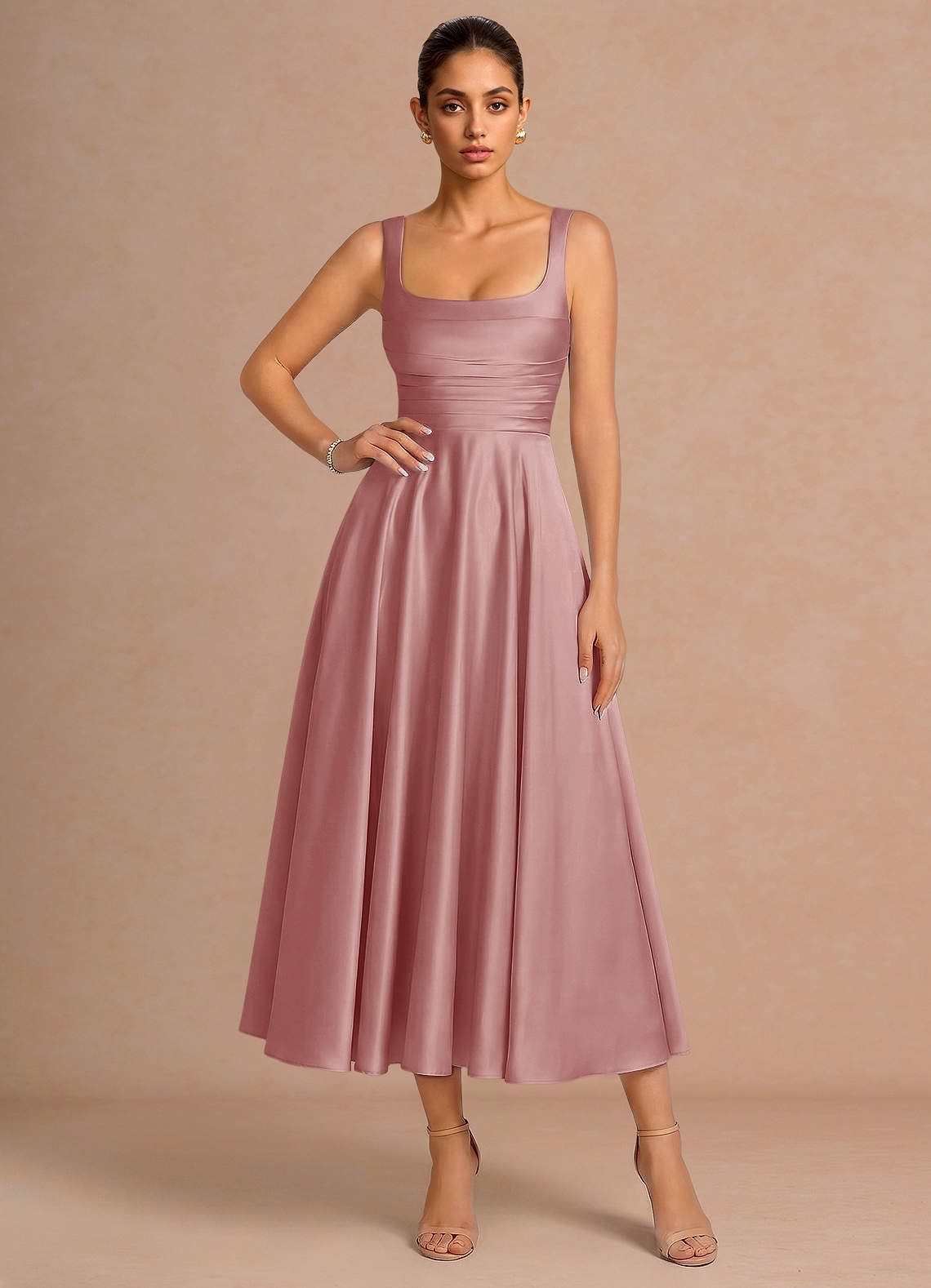 light pink silk midi dress Dusty Pink Silk Midi Dress, Long Sleeve Bow Tie Neck
