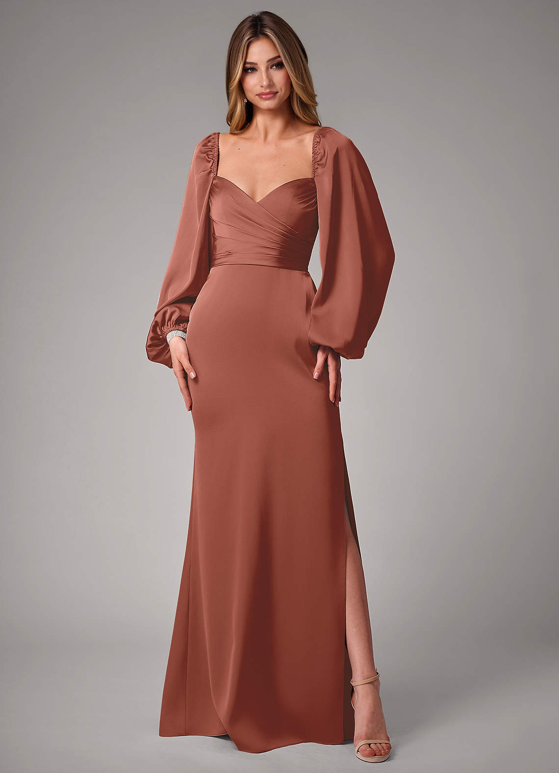 infinity dress auburn brown Azazie Sonata with our Burnt orange