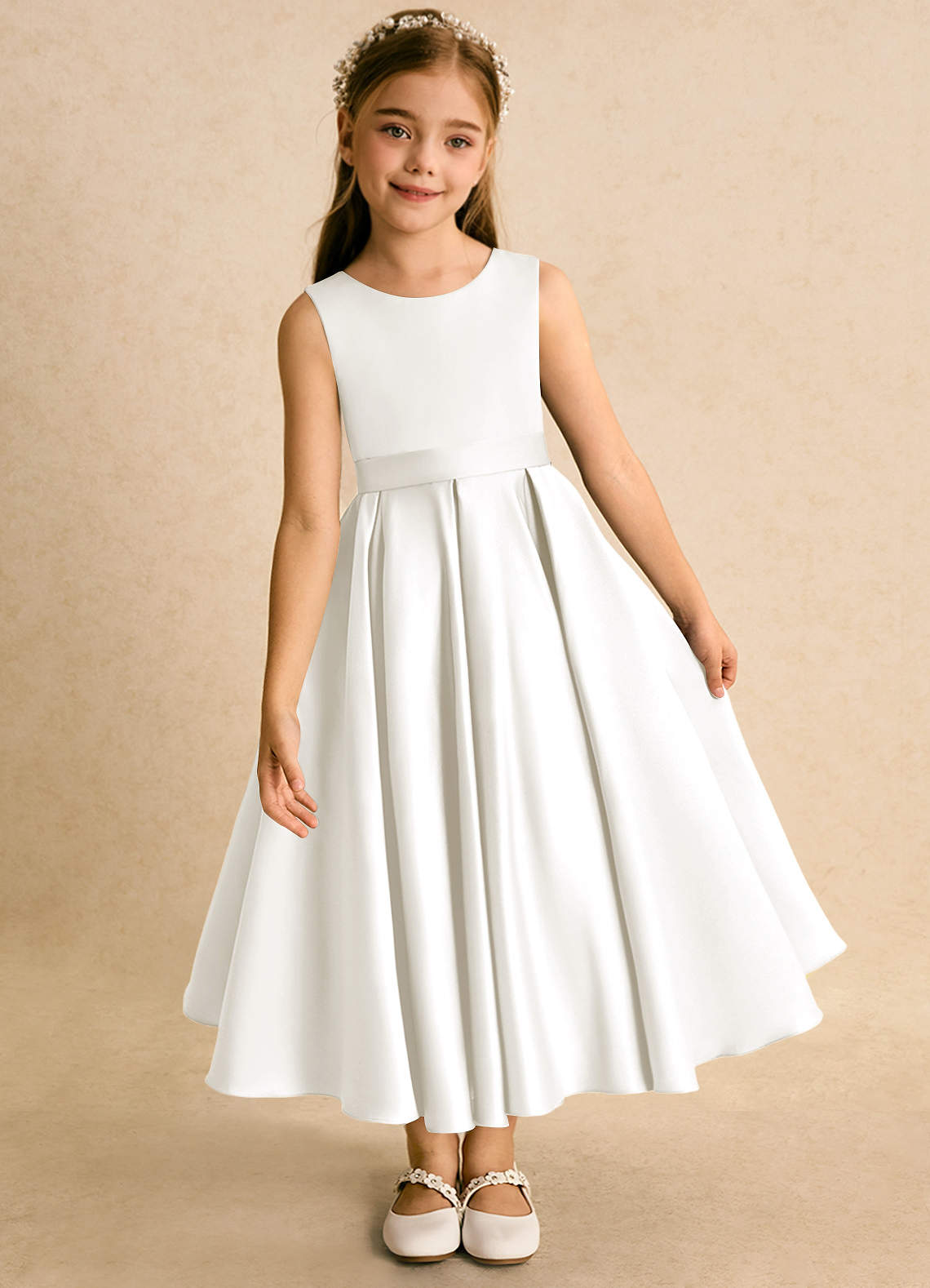 Azazie Junebuj vestidos de niña de las flores Vestido de Marfil de Satin Mate de Princesa con Plisado image5