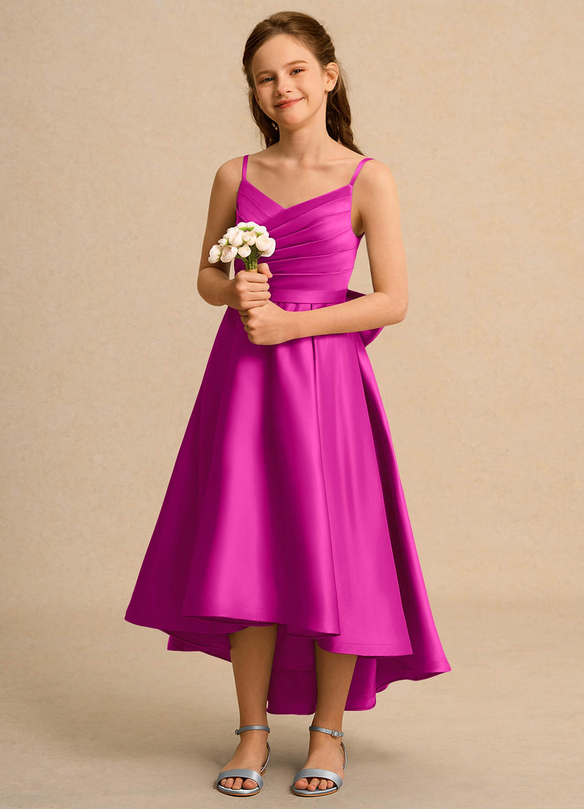 Azazie Sweets Girl vestidos de niña de las flores Vestido de Fucsia de Satin Mate de Corte En A con Plisado image1