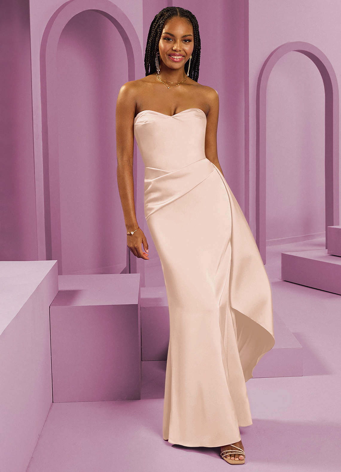 Barbie ♥ Azazie Jurken voor bruidsmeisjes Converteerbaar Jurk van Stretch Satijn met Kolom Strapless Blozend Roze image1