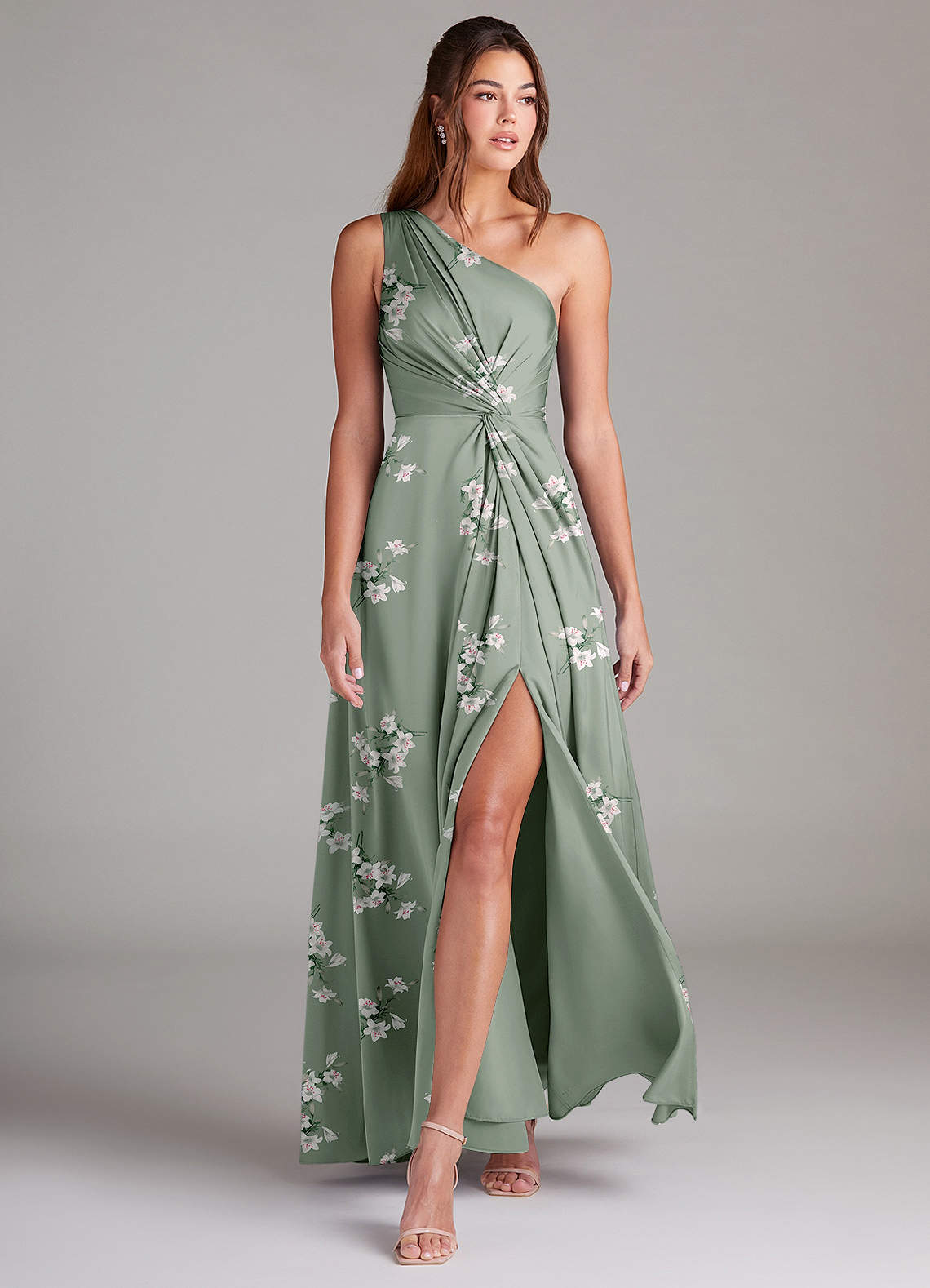 Azazie Brooke Bridesmaid Dresses Agave Lilly Floral A-Line One Shoulder Stretch Satin Dress image2