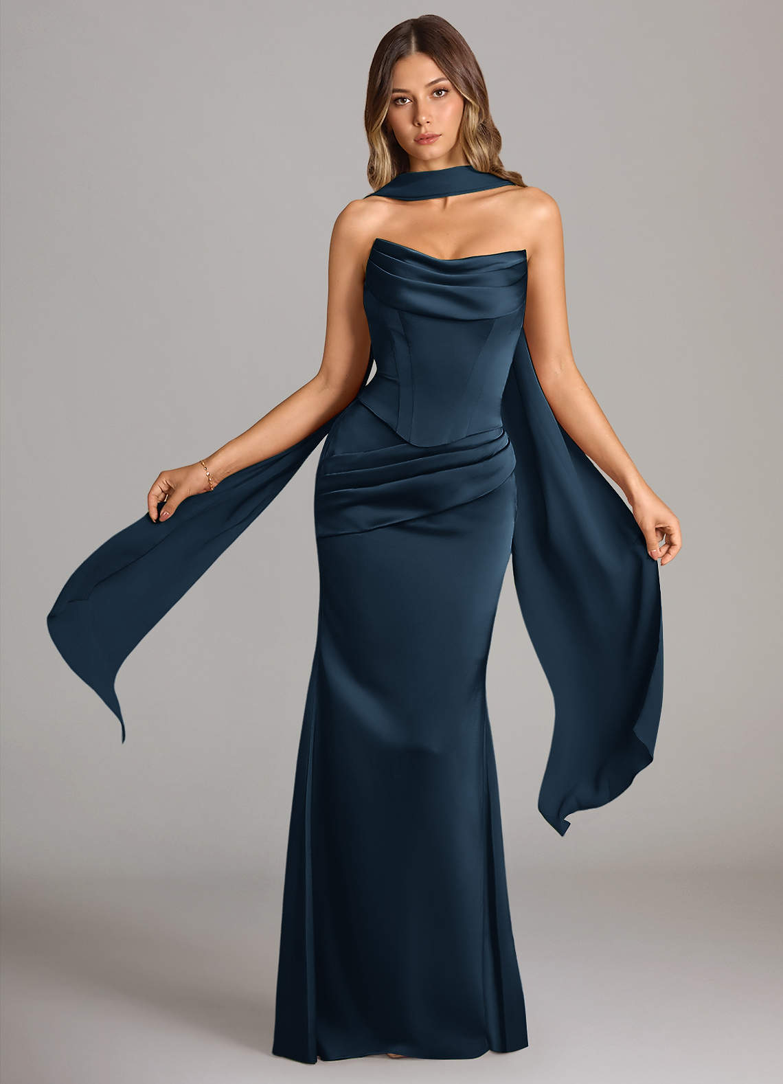 mermaid bridesmaid dresses cheap Azazie Sorrel Dark Navy Stretch Satin Dusty_Sage Harper Chiffon Faux Wrap SIZE:NS Picture Color