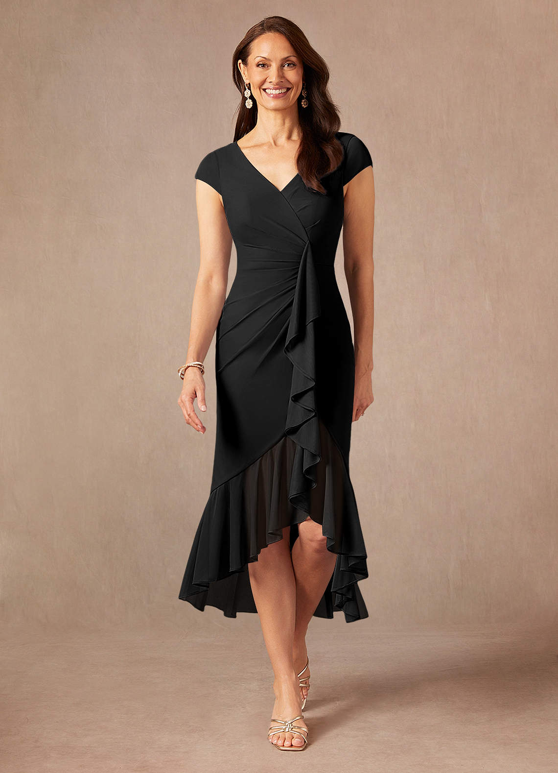 Azazie Renetta Mother of the Bride Dresses Black Sheath V-Neck Pleated Mesh Dress image1