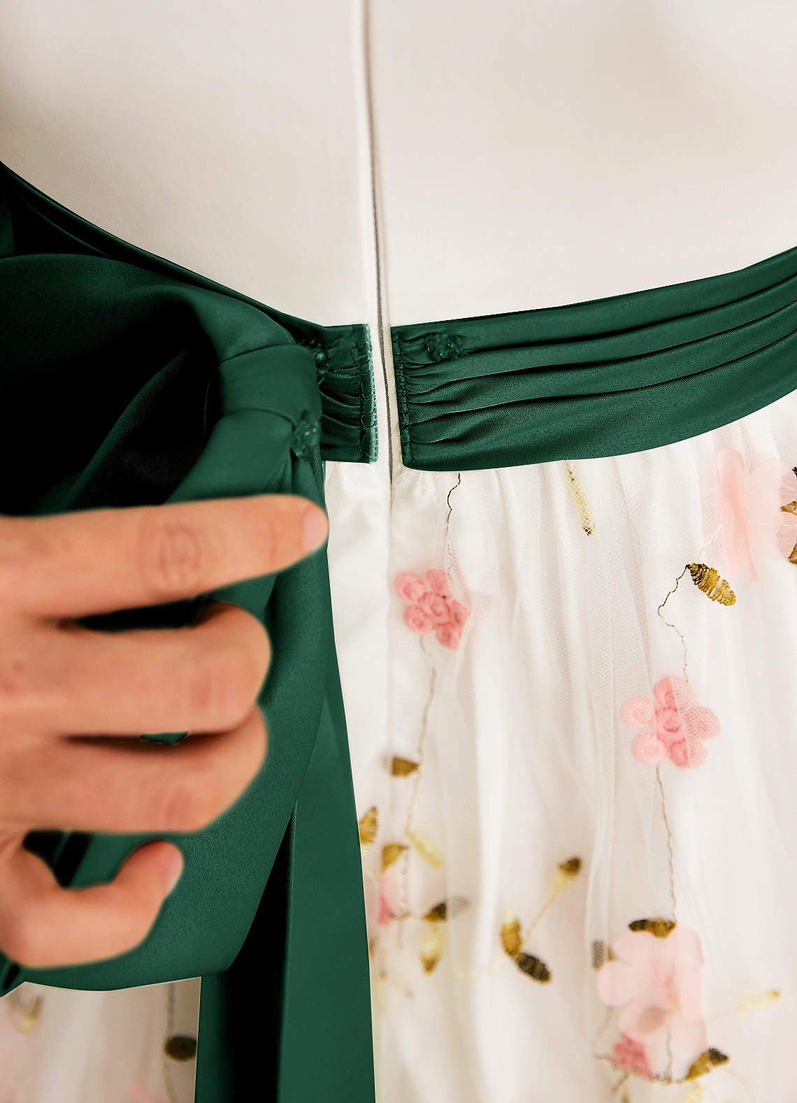 Azazie Pollie Flower Girl Dresses Blushing Pink Dark Green A-Line Bow Tulle Dress image6