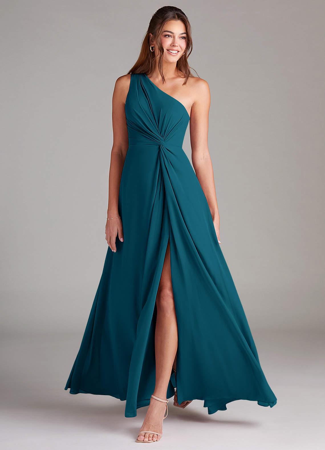 Azazie Brooke Bridesmaid Dresses Ink Blue A-Line One Shoulder Chiffon Dress image2