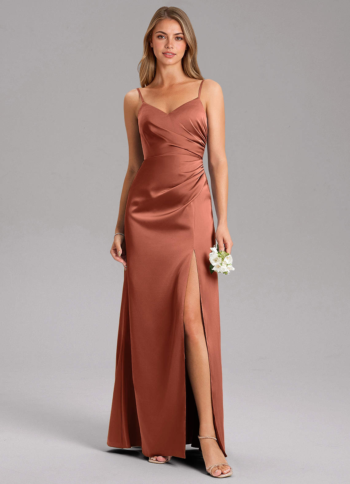 Azazie Azuree Bridesmaid Dresses Clay A-Line Pleated Stretch Satin Dress image1