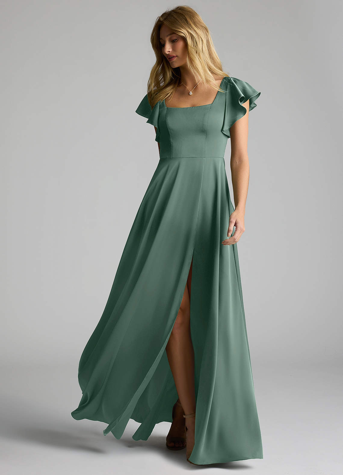 Azazie Bondi Bridesmaid Dresses Eucalyptus A-Line Bow Stretch Satin Dress image5