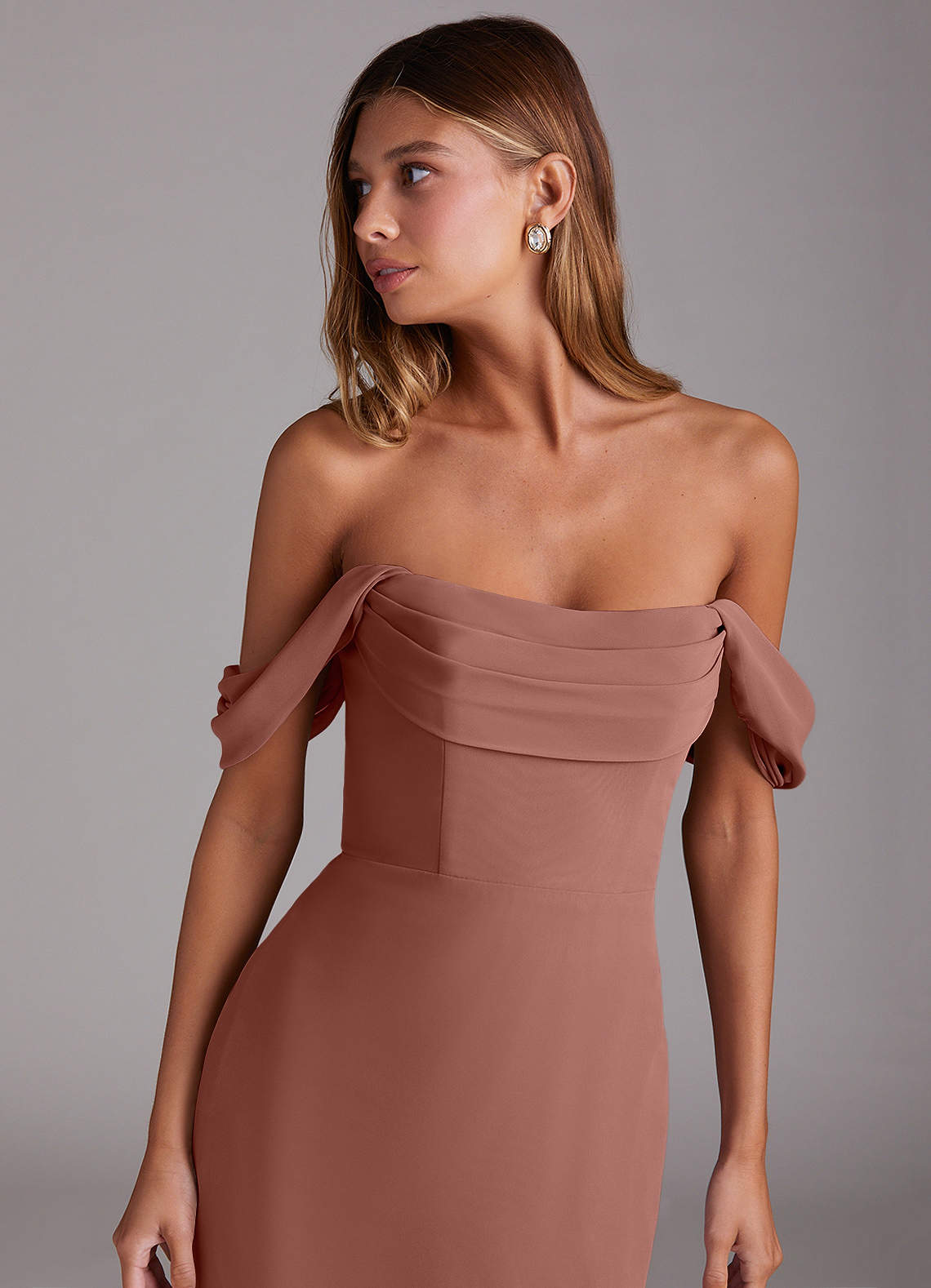 Azazie Saige Bridesmaid Dresses Cedar Rose A-Line Off the Shoulder Chiffon Convertible Dress image4