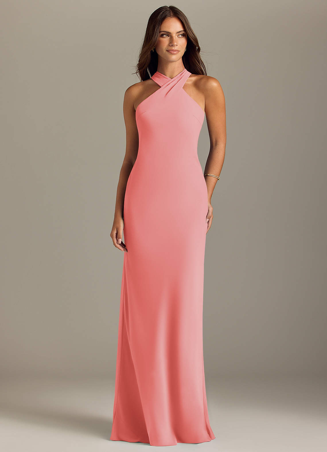 Azazie Doretta Bridesmaid Dresses Coral Mermaid Pleated Chiffon Dress image1