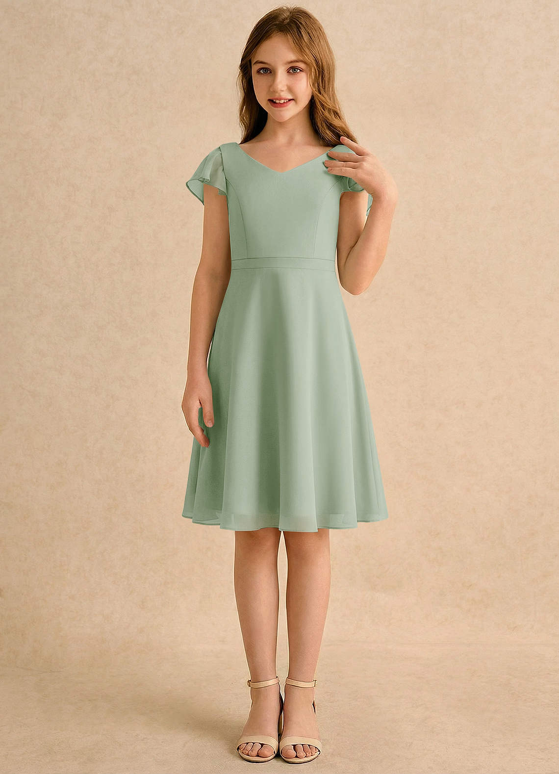 Azazie Narin Girls Formal Flower Girl Klänningar Klä A-Line i Chiffong med ärmar image3