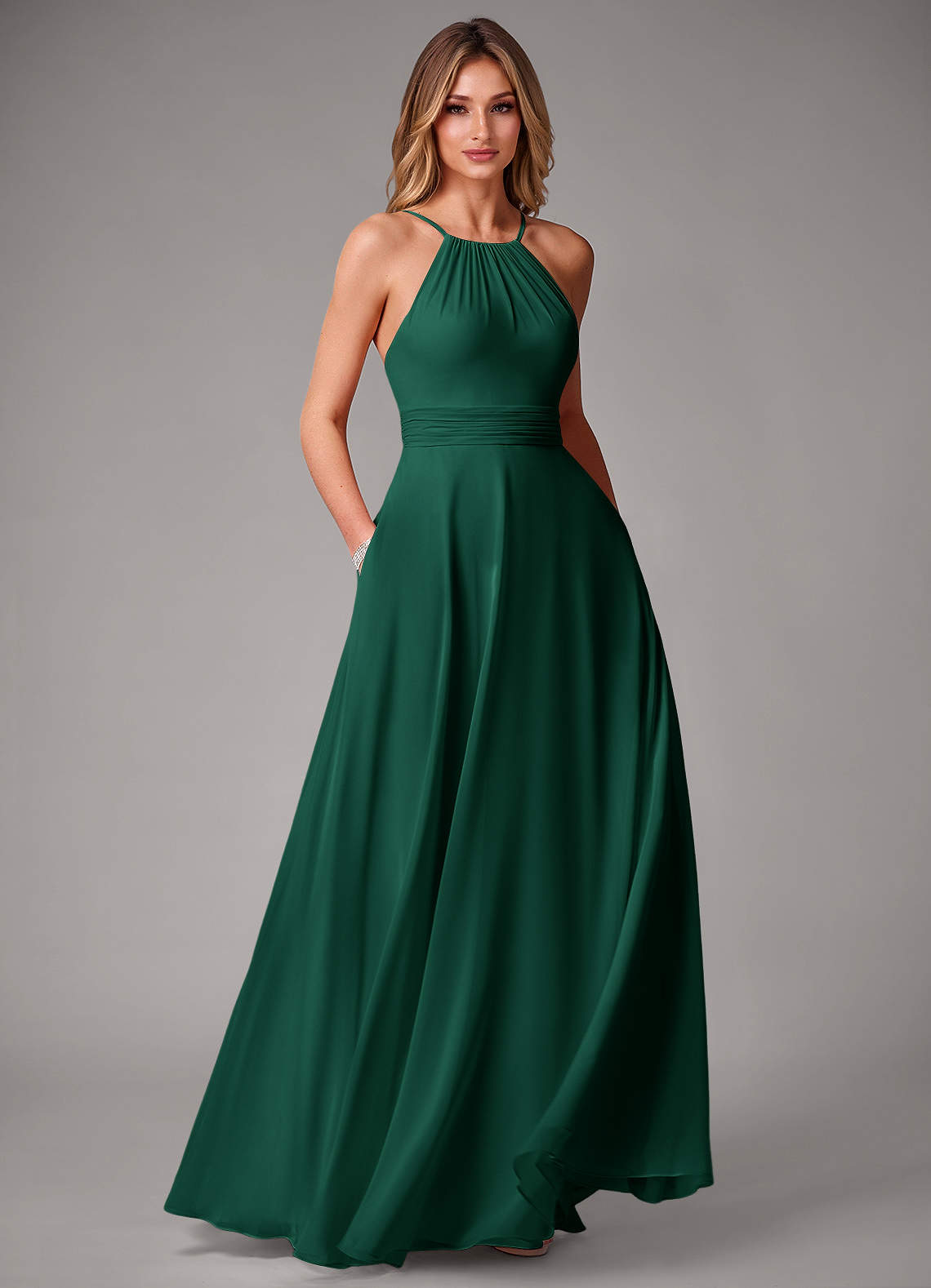Azazie Amalia Bridesmaid Dresses Emerald A-Line Pleated Chiffon Dress image1