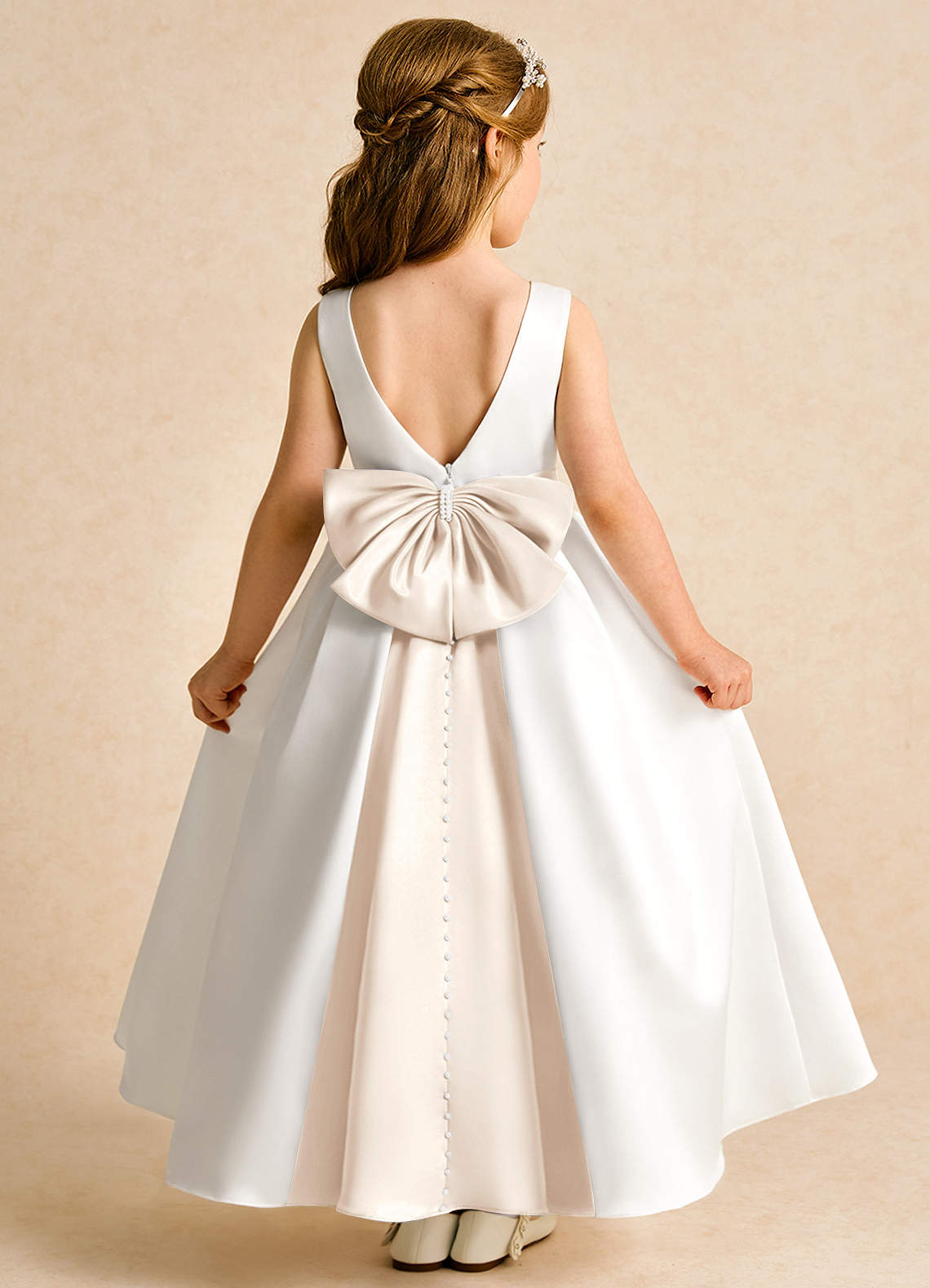 Azazie Cherry Flower Girl Dresses Ivory White Alabaster Ball-Gown Pleated Matte Satin Dress image1