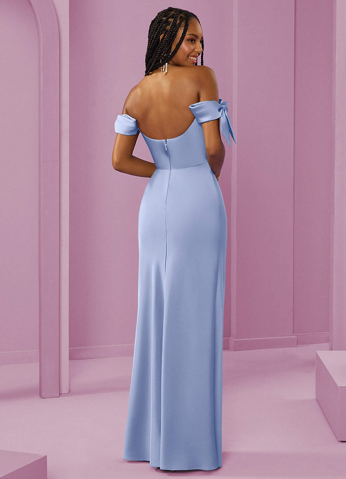 Barbie ♥ Azazie Bridesmaid Dresses Ice Sheath Off the Shoulder Stretch Satin Convertible Dress image6