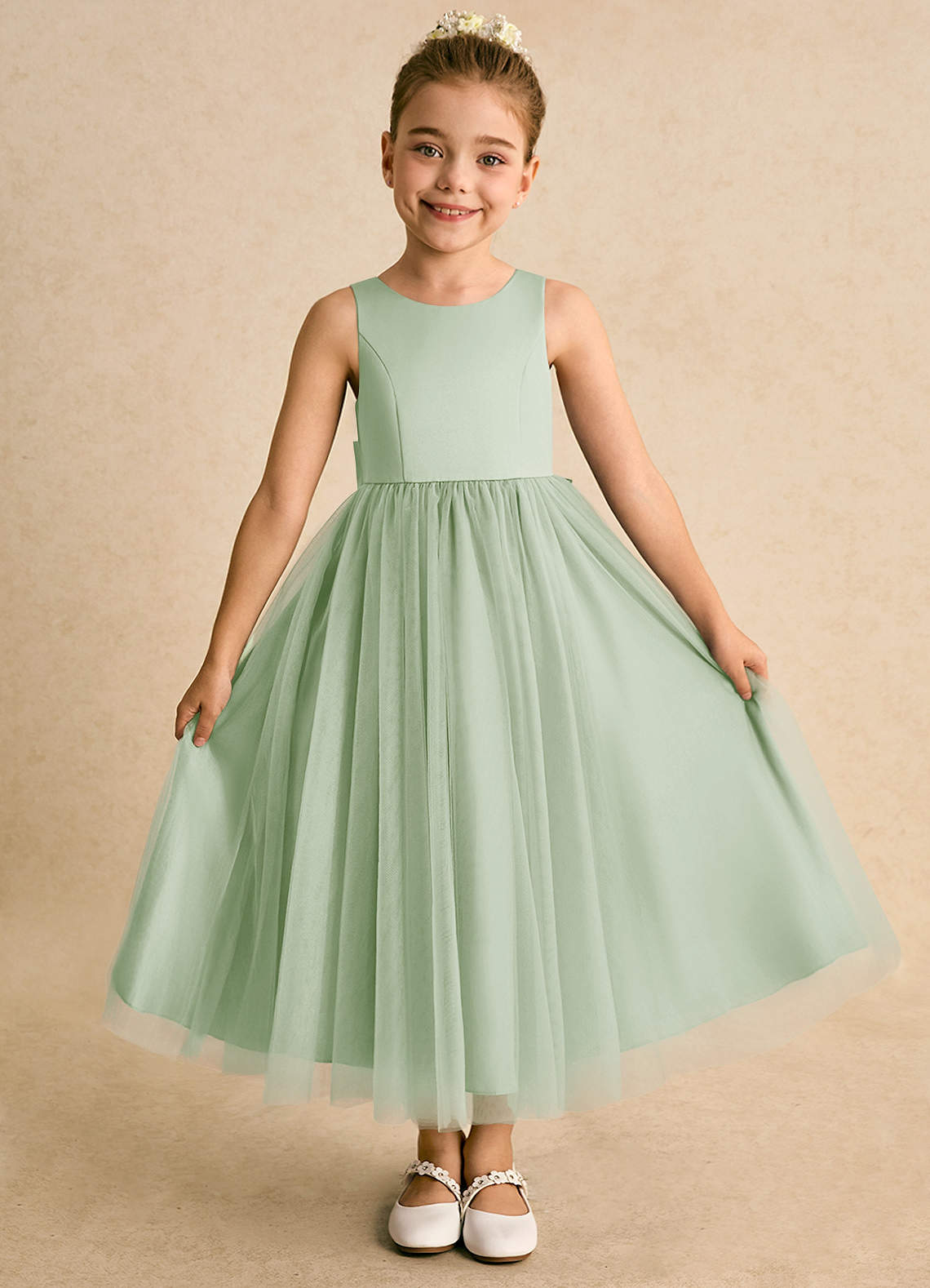Azazie Solia Robe Demoiselle D'honneur Fillette Robe Princesse en Tulle Arc Vert Sauge image1