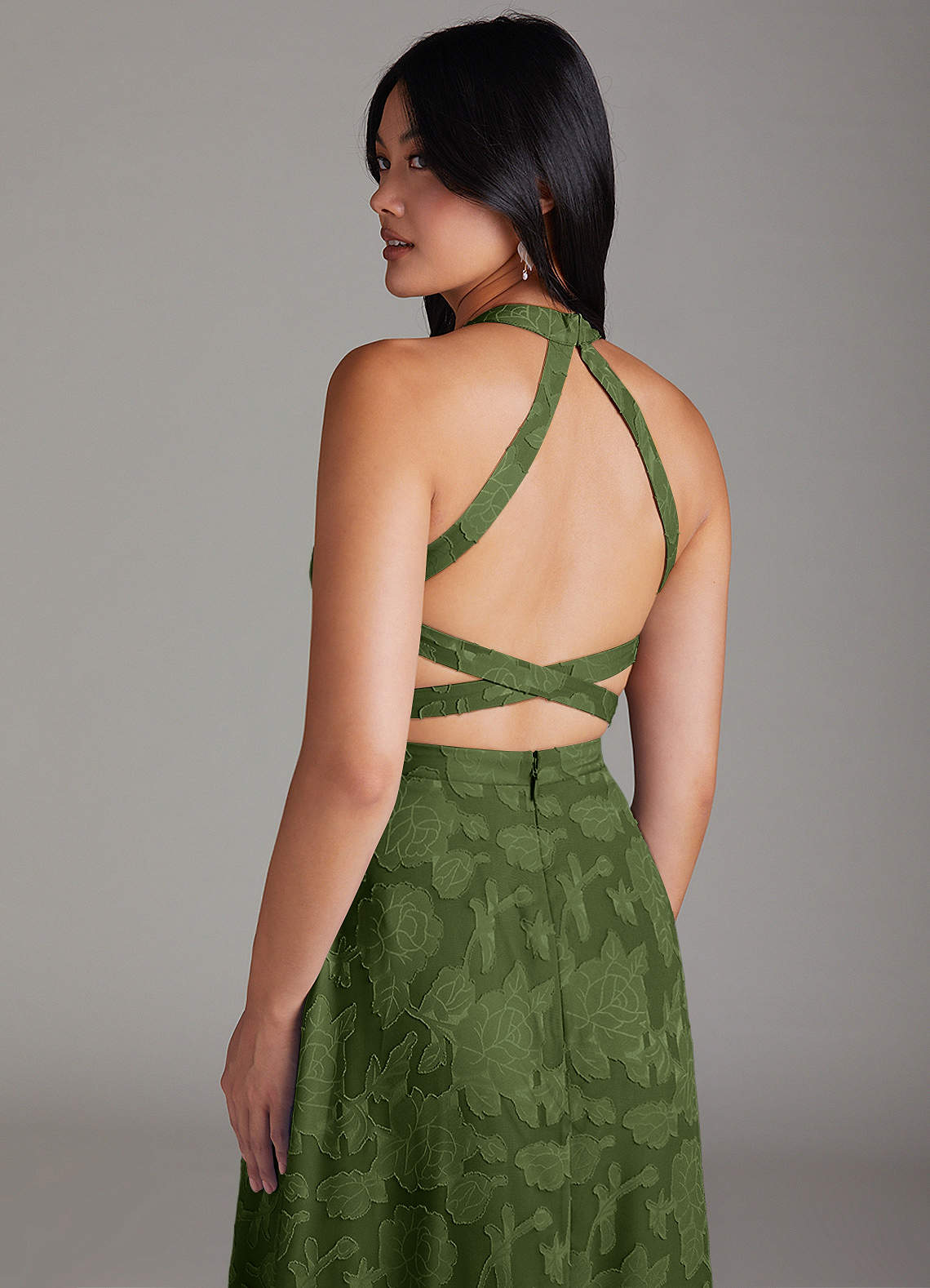 Azazie Clarice Bridesmaid Dresses Olive A-Line Side Slit Floral Burnout Dress image5