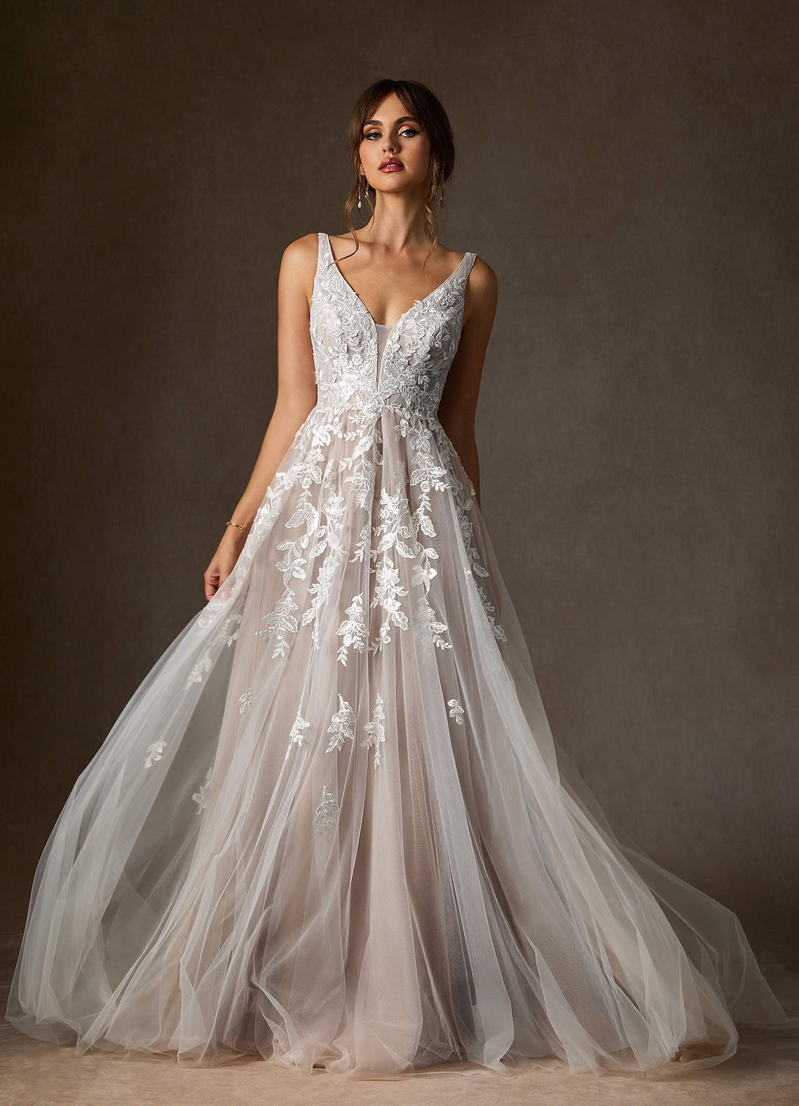 Azazie Sorella Wedding Dresses Diamond White Sand A-Line V-Neck Sequins Tulle Dress image1