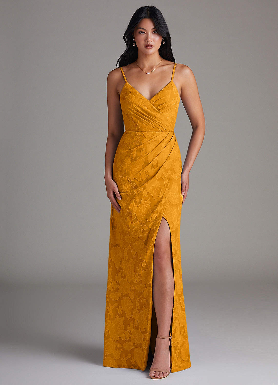 Azazie Maci Bridesmaid Dresses Butterscotch Sheath Pleated Floral Burnout Dress image1