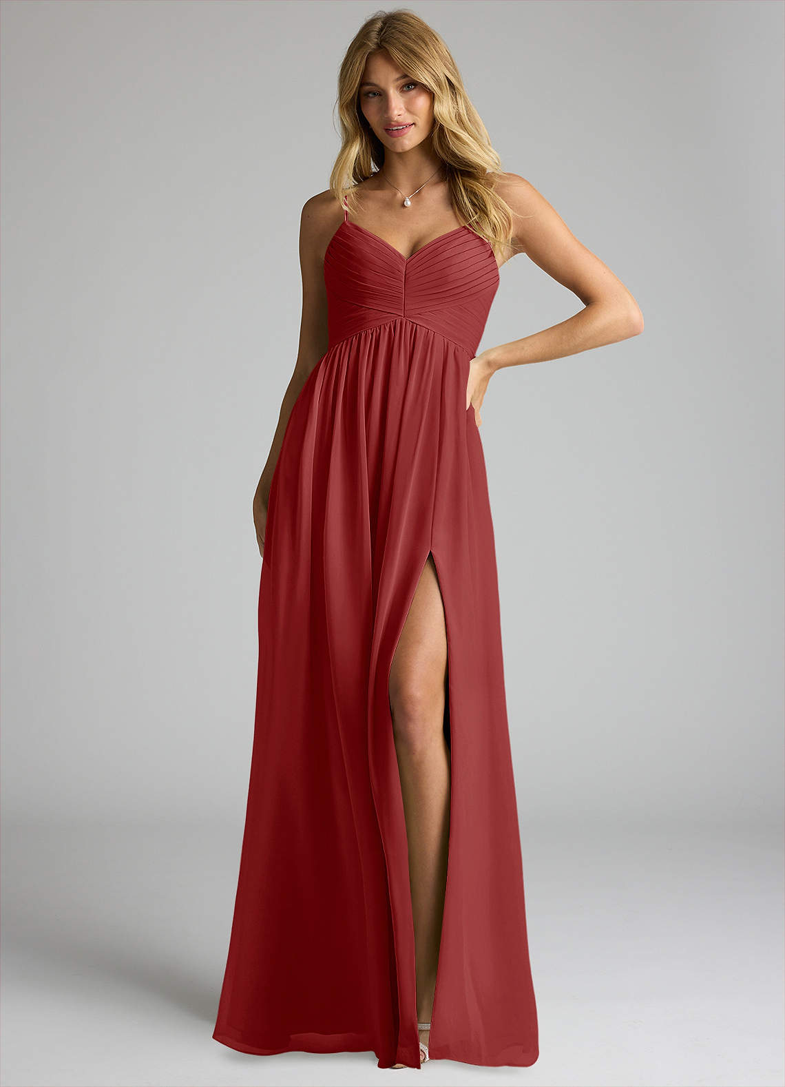 Azazie Alia Bridesmaid Dresses Rust A-Line Pleated Chiffon Dress image1