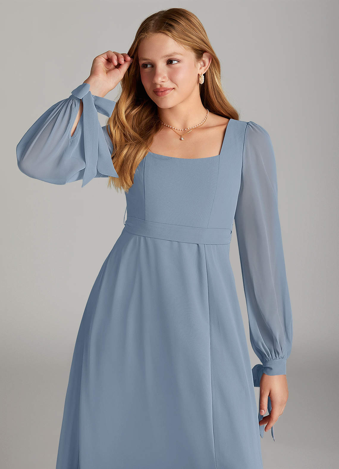 Azazie Leonia Junior Dusty Blue A-Line with Pockets Chiffon Dress image4