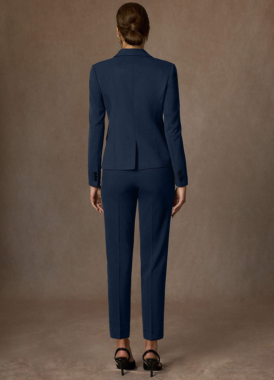 front Whitney Dark Navy Structured Stretch Full Length Pants Suit