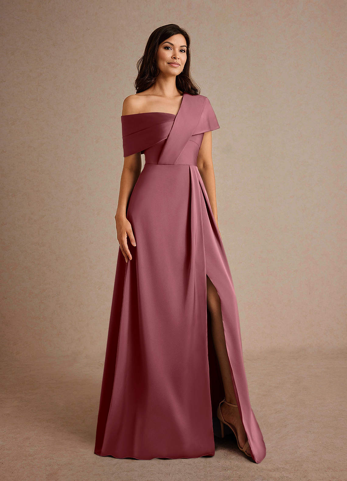 Azazie Milton Mother of the Bride Dresses Desert Rose A-Line Pleated Stretch Satin Dress image7