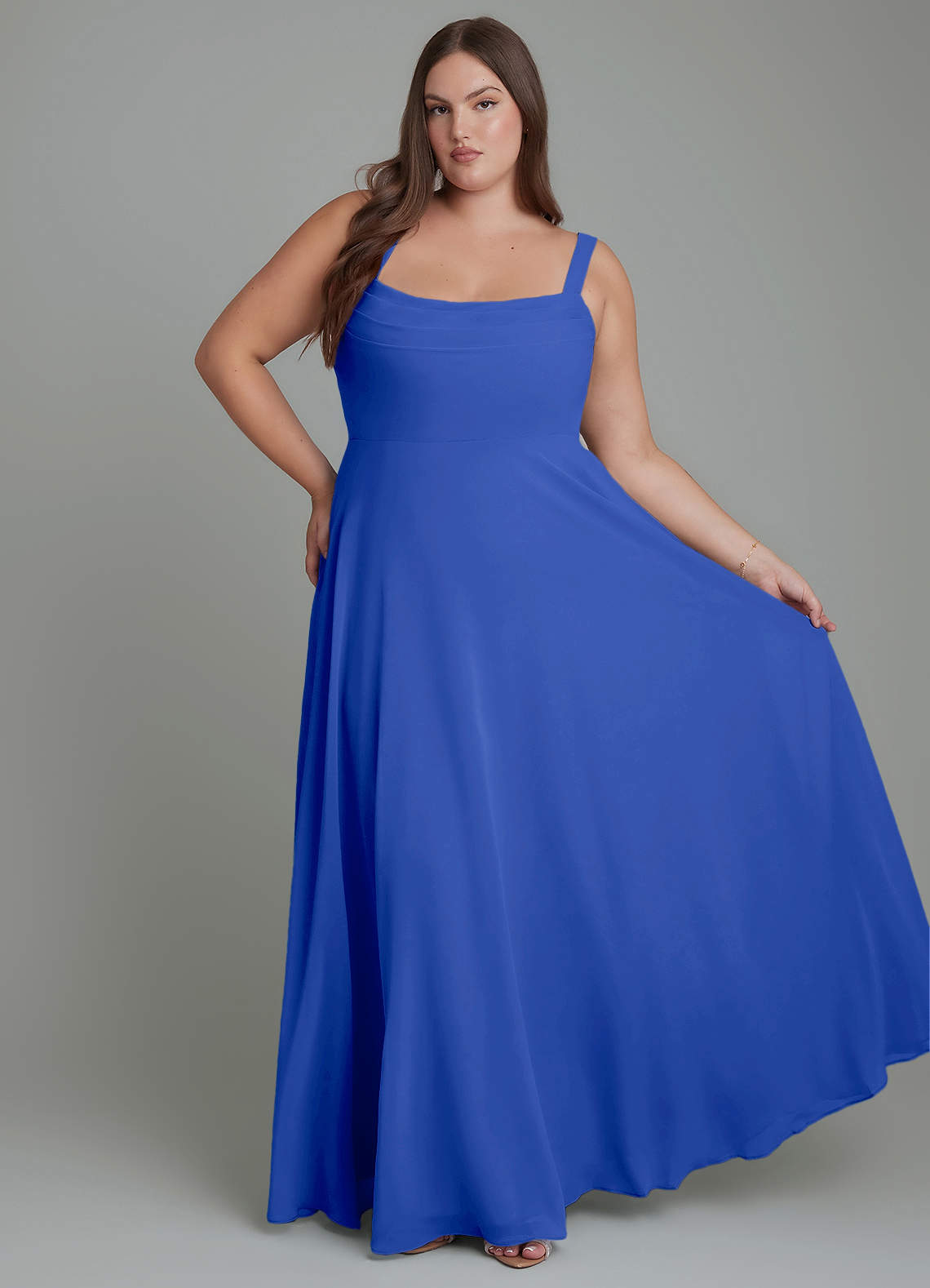 Azazie Shaude Vestidos de damas de honor Vestido Azul Real de Gasa de Línea A con Plisado image1