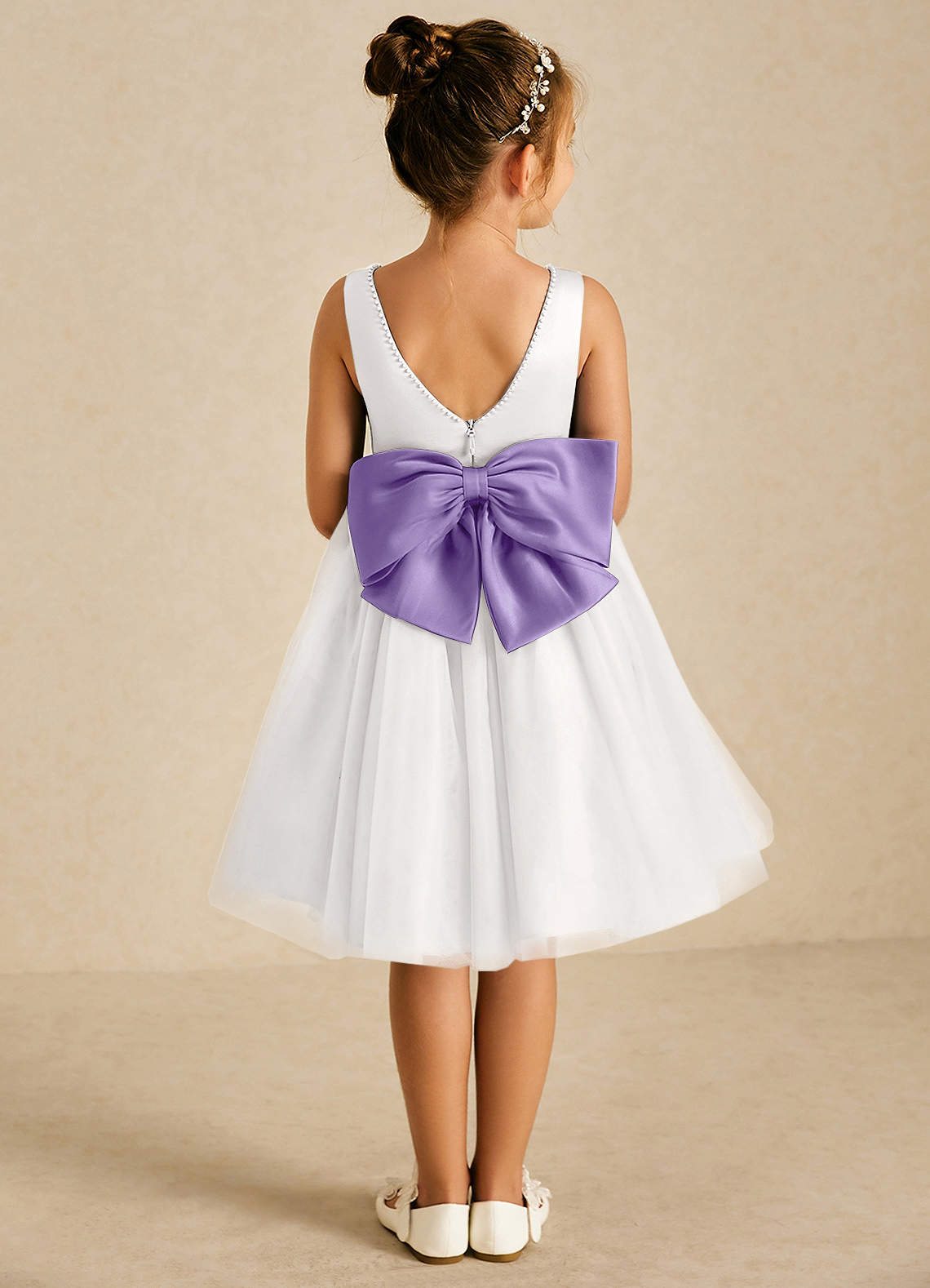 Azazie Seline Flower Girl Dresses Ivory Tahiti A-Line Bow Tulle Dress image1