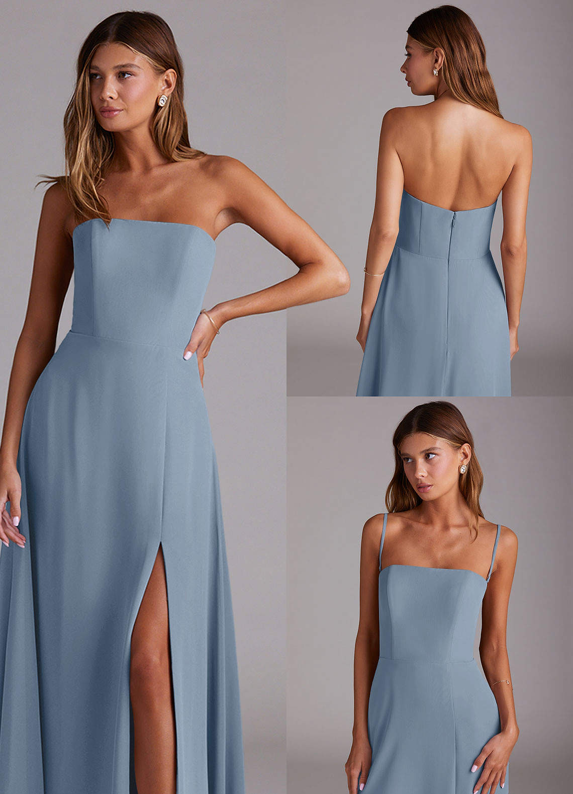 Azazie Wren Vestidos de damas de honor Vestido de Azul Polvoriento de Gasa de Corte en A Convertible con Corte Lateral image8