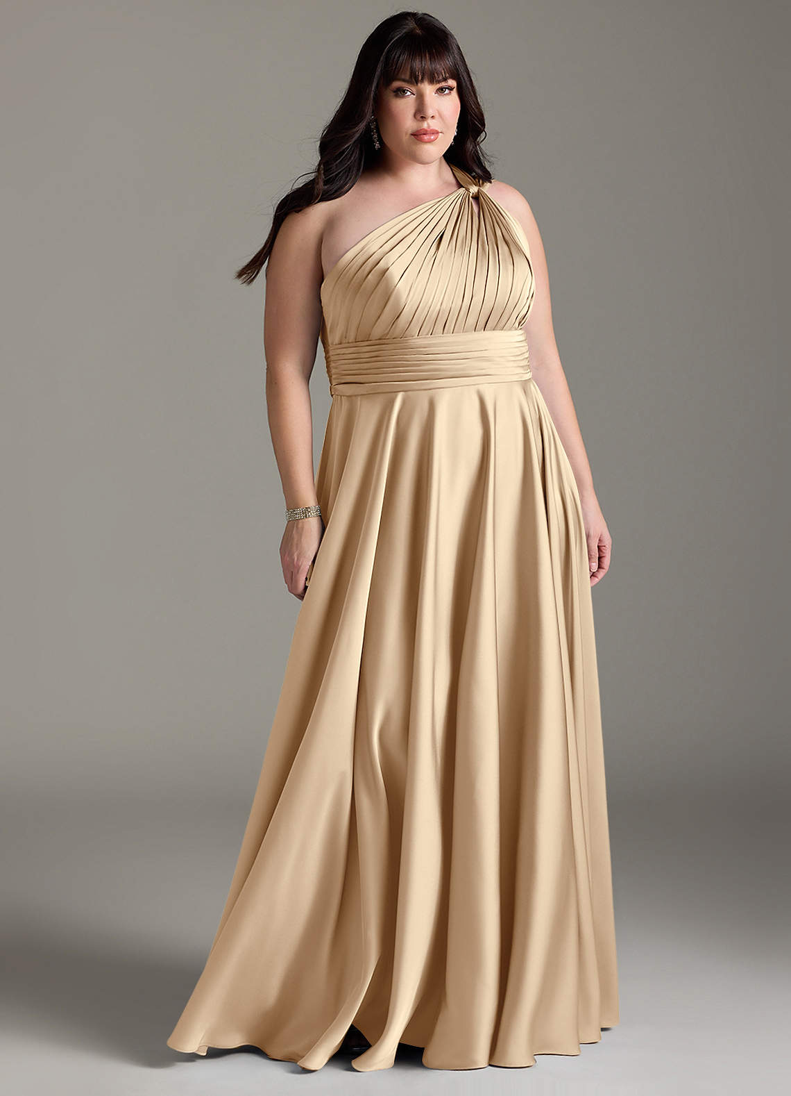 Azazie Charlize Bridesmaid Dresses Champagne A-Line One Shoulder Stretch Satin Dress image1