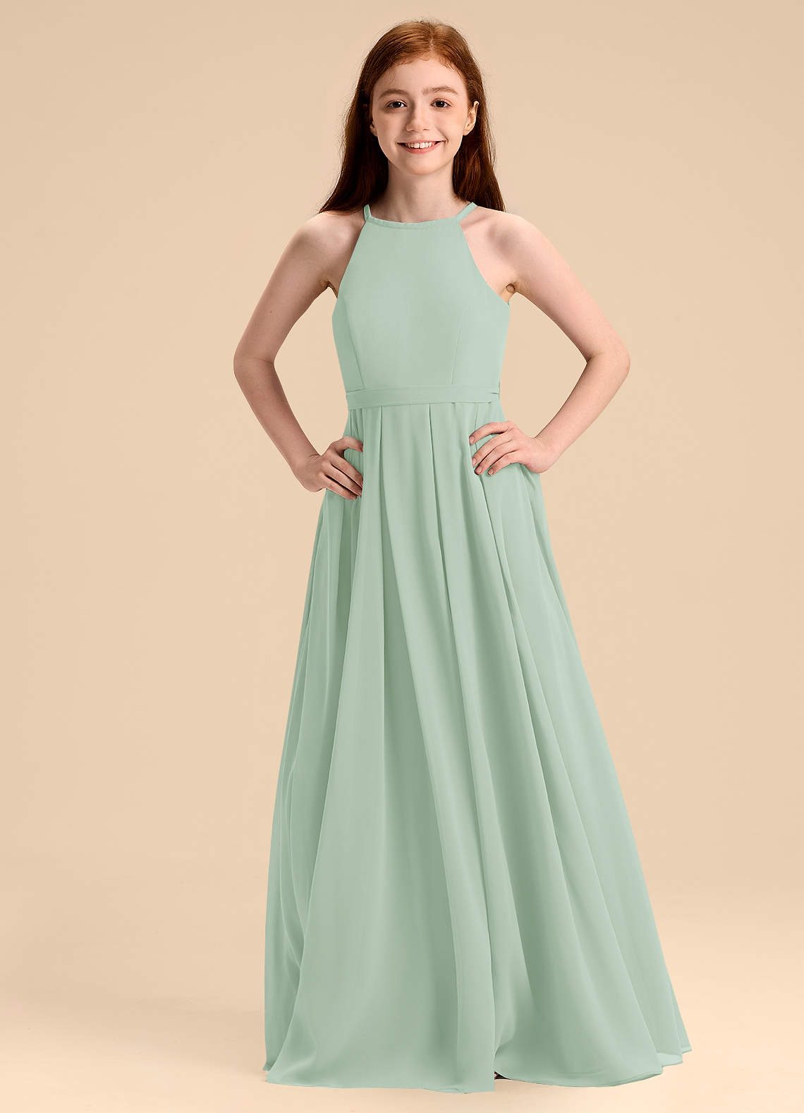 Azazie Arianthe Junior Agave A-Line Pleated Chiffon Dress image1