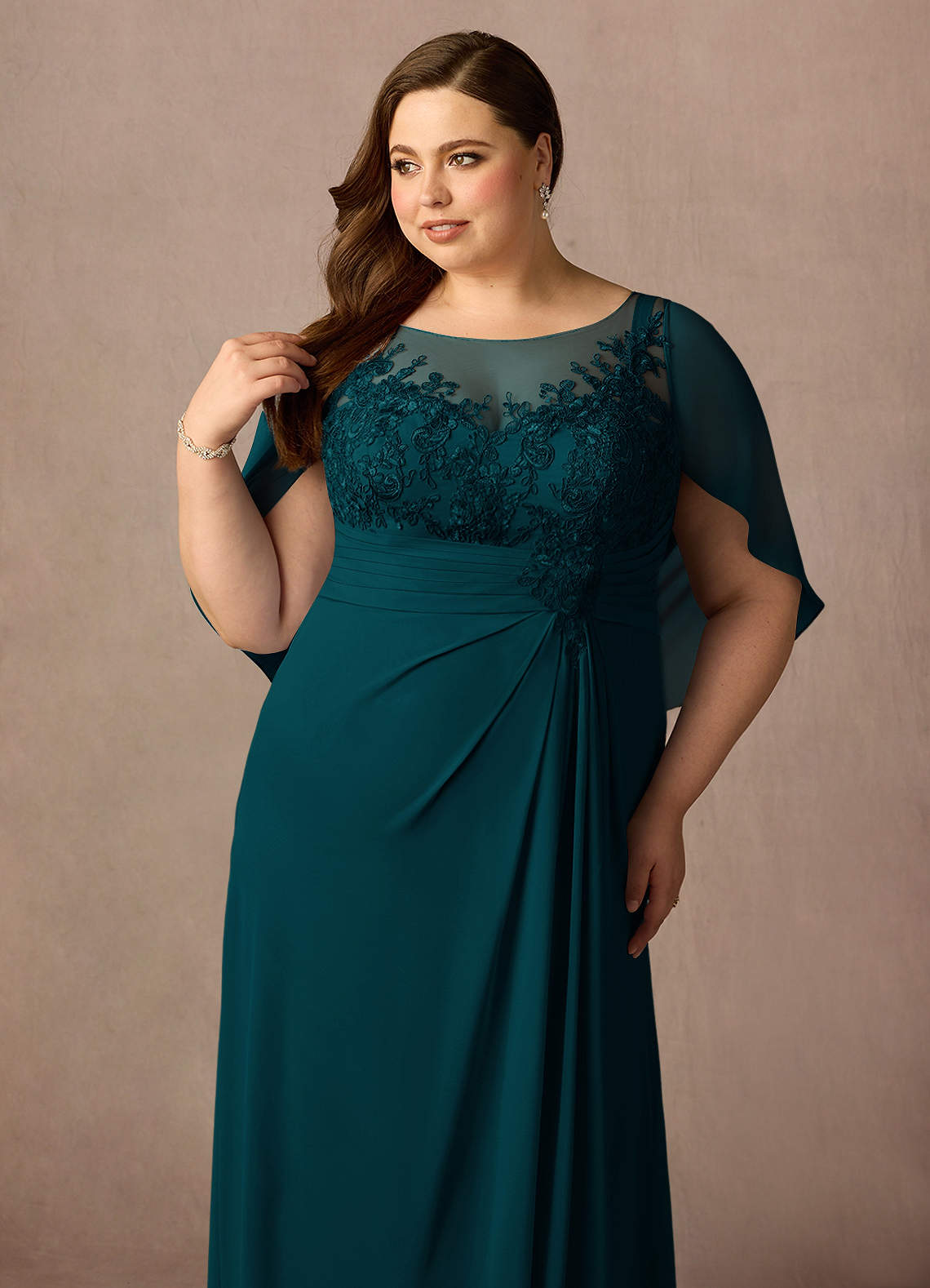 Azazie Hera Mother of the Bride Dresses Pine A-Line Lace Capelet Chiffon Dress image10