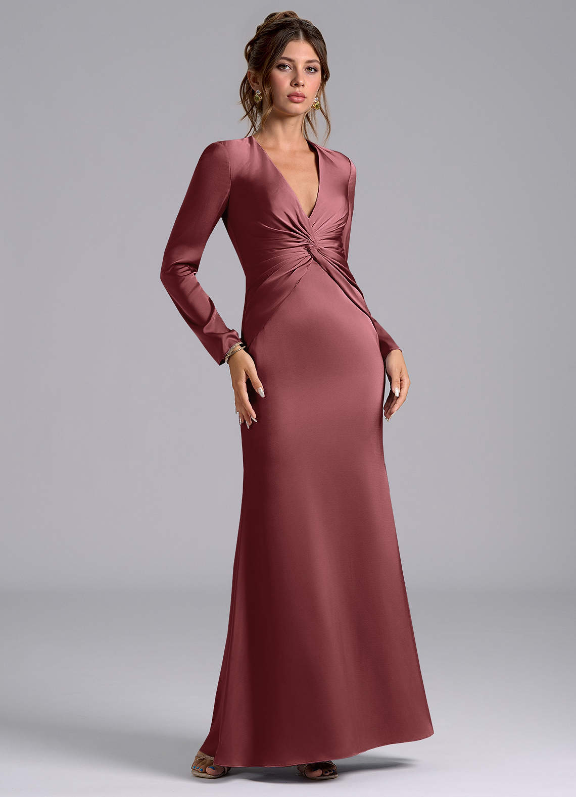 Azazie Valerie Bridesmaid Dresses Amethyst Mermaid Long Sleeve Stretch Satin Dress image1