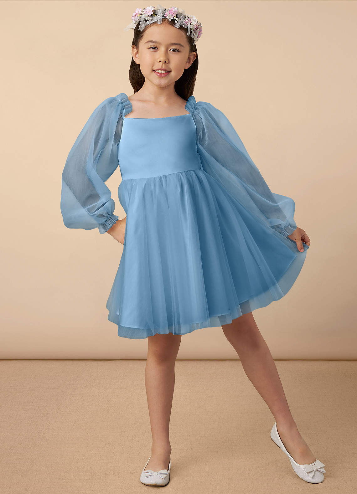 Azazie Aya Steel Blue A-Line with Sleeves Tulle Dress Azazie