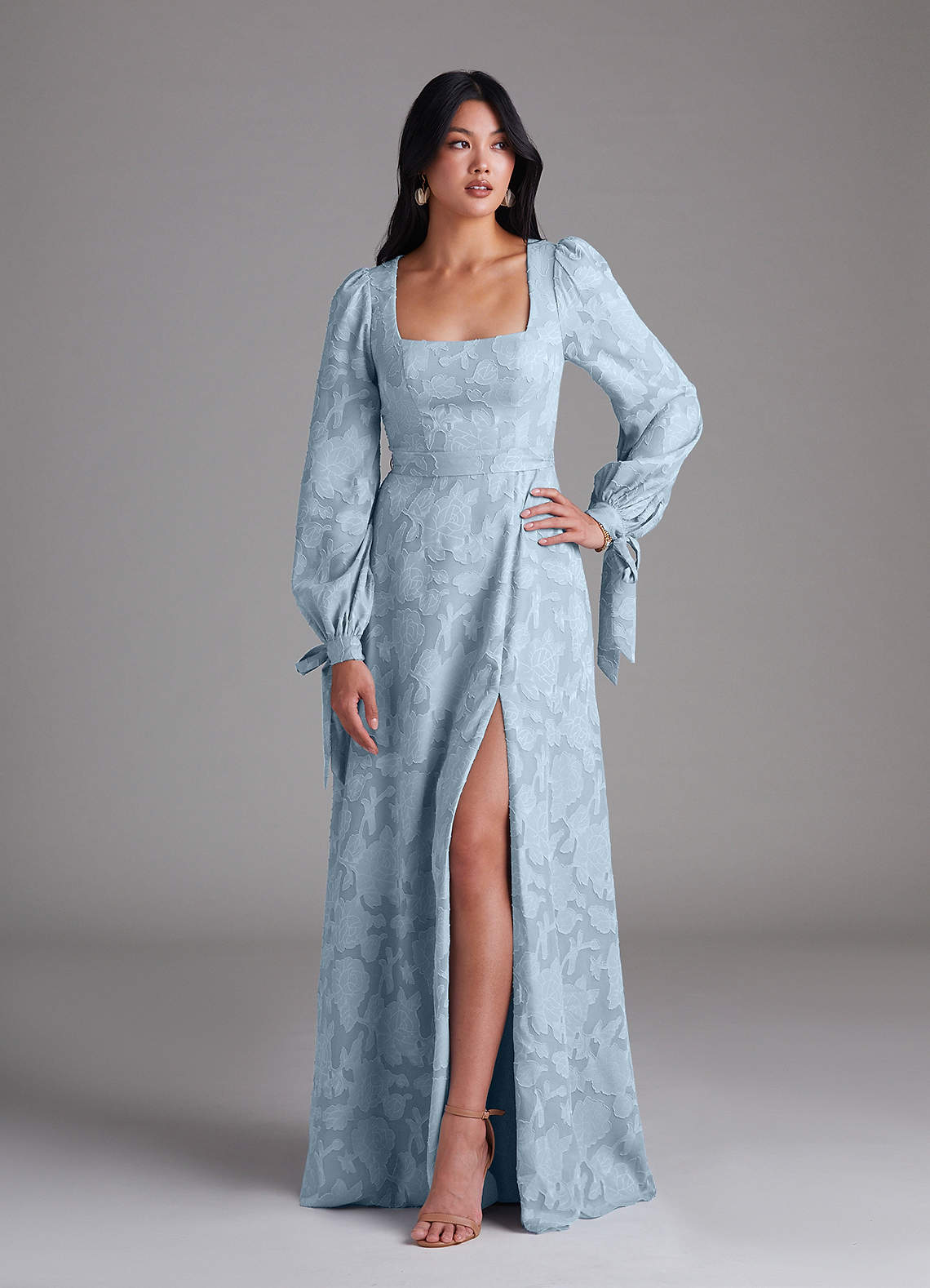 Azazie Leonia Bridesmaid Dresses Sky Blue A-Line Long Sleeve Floral Burnout Dress image1