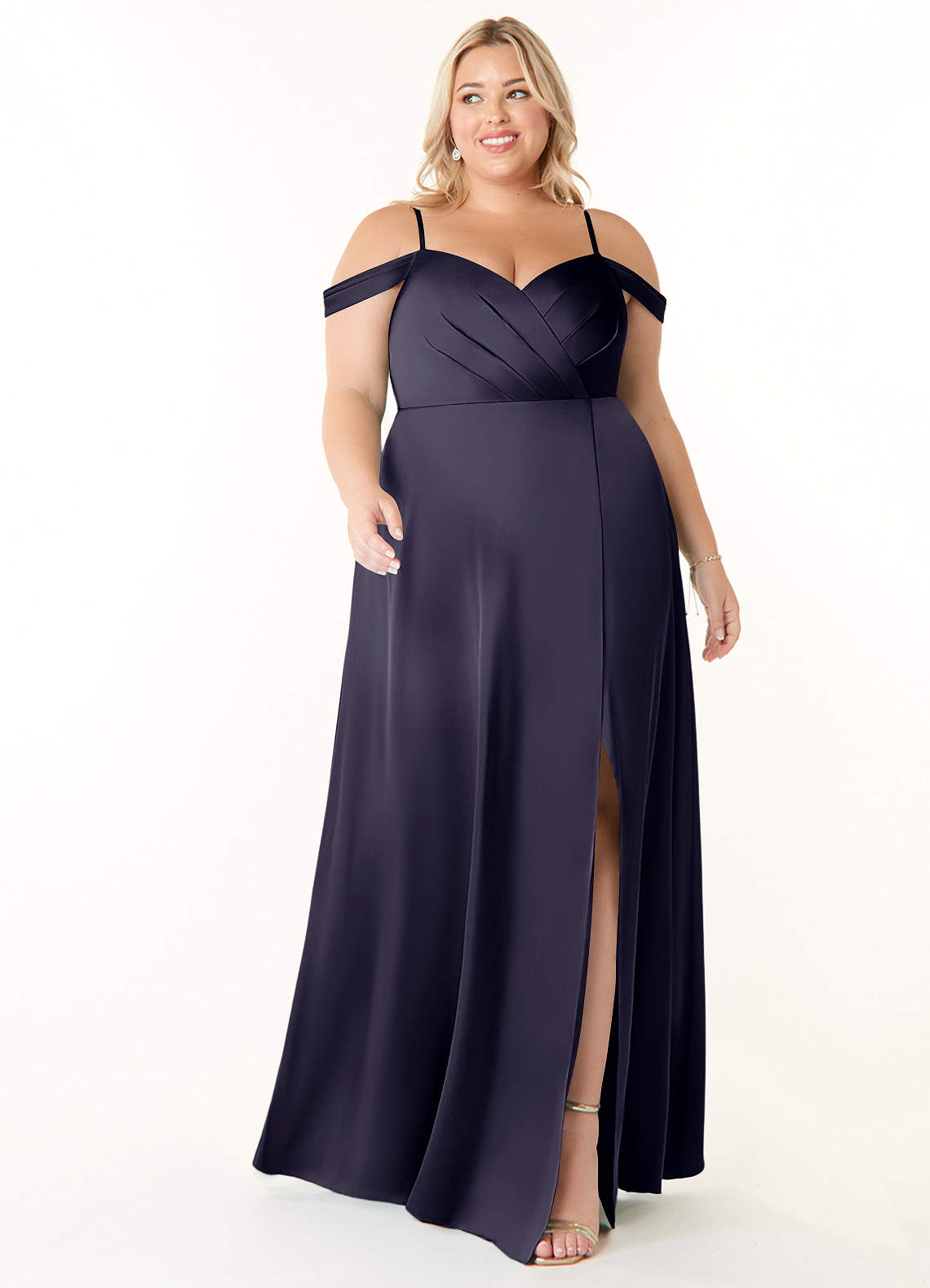 Azazie Ocean Brautjungfernkleider A-Linie V-Hals Gefaltet Stretch-Satin Kleid Sturm image1