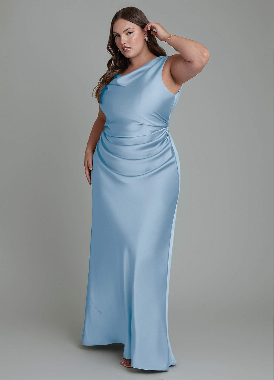 Azazie Kieryn Bridesmaid Dresses Powder Blue Mermaid Pleated Stretch Satin Dress image8