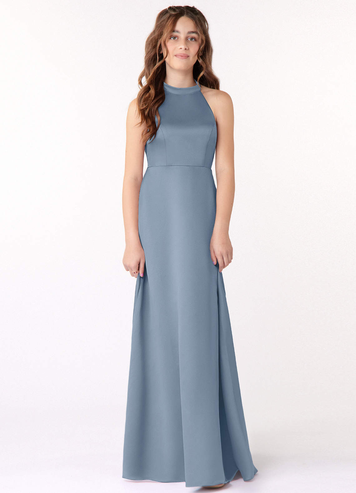 Azazie Laurel Junior Dusty Blue A-Line Matte Satin Dress image1